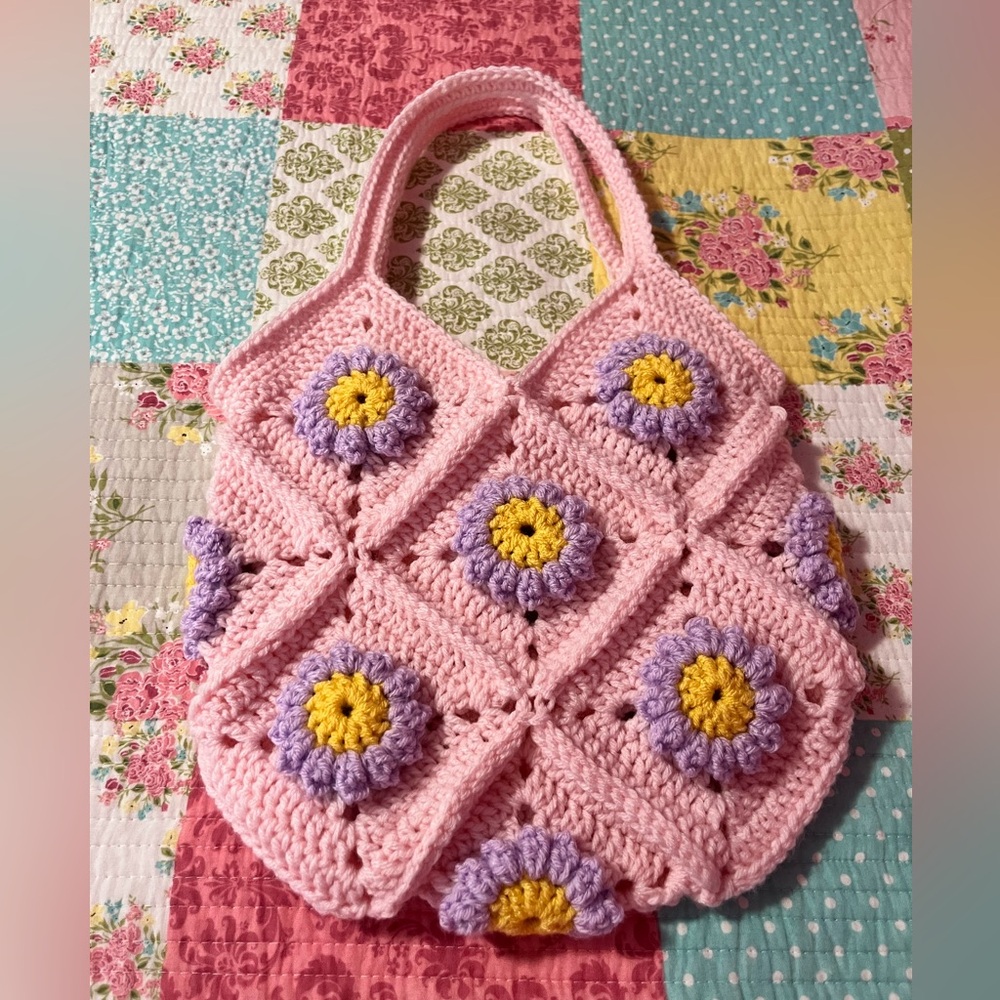Handmade Crochet Granny Square Daisy Raised Flowers Cute Market Purse